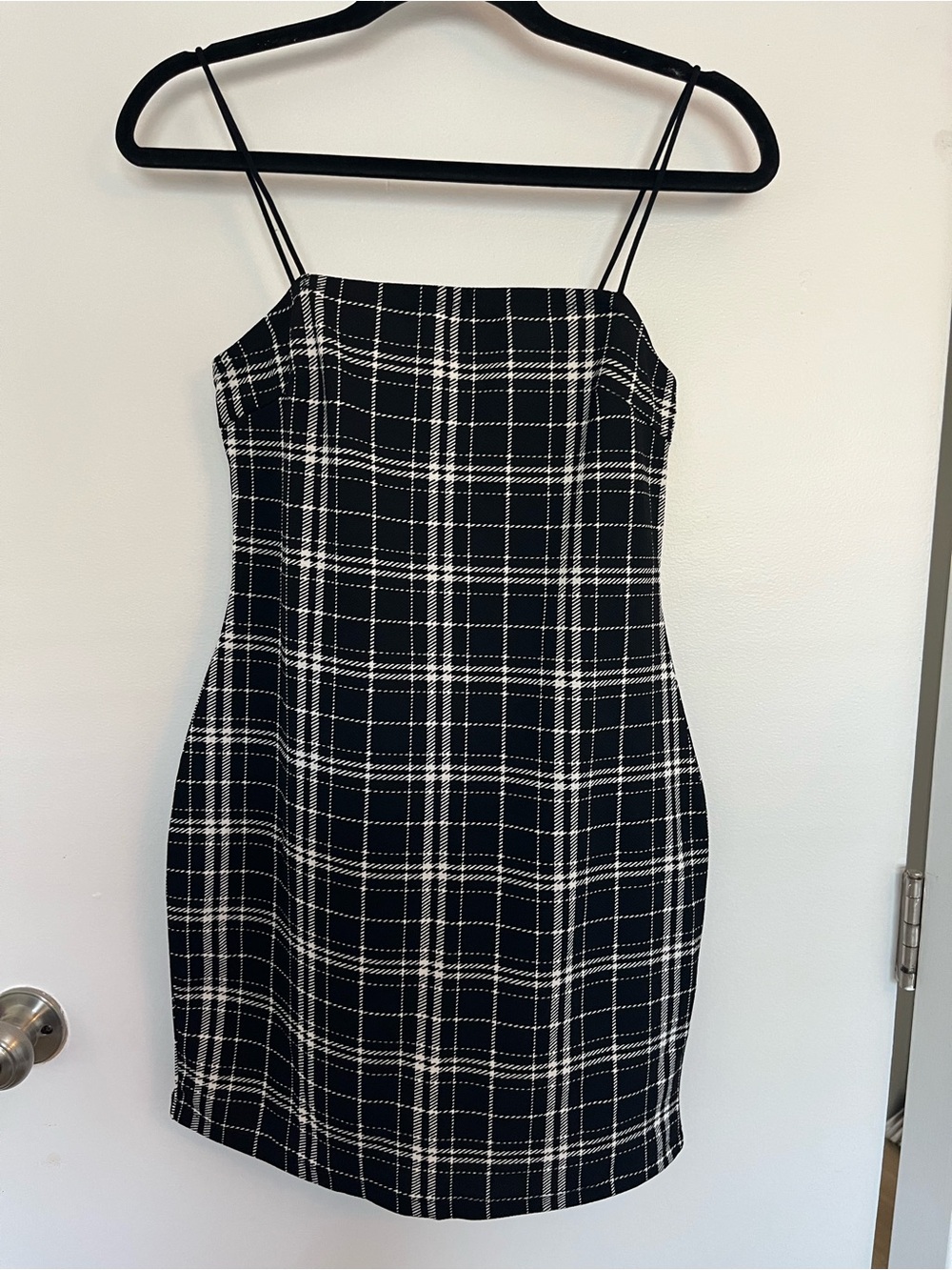 SHEIN Black & White Plaid Spaghetti Strap Mini Dress